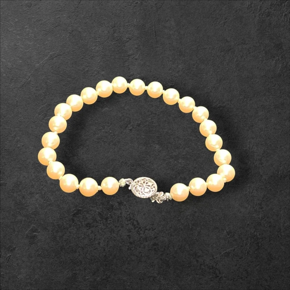 Nice Pale Pink Faux Pearl Hand Tied Bracelet Fancy Clasp 6mm 7